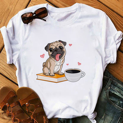 Pet Dog Cartoon Print Round Neck Short Sleeve