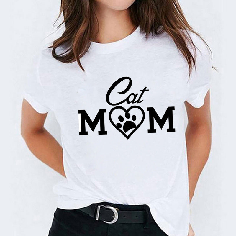 Cat Flamingo Round Neck Print T-shirt Short Sleeve Women&