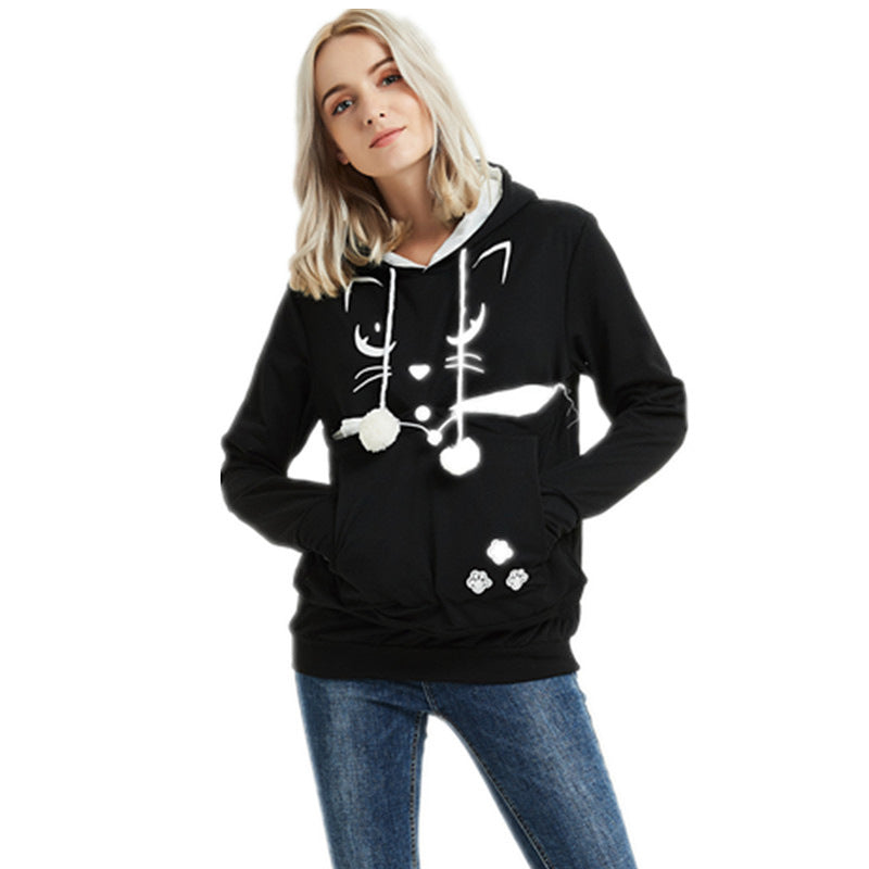 Autumn And Winter Letter Cat Face Printed Coat Alien Cat Kangaroo Long Sleeve Hooded Sweater Women