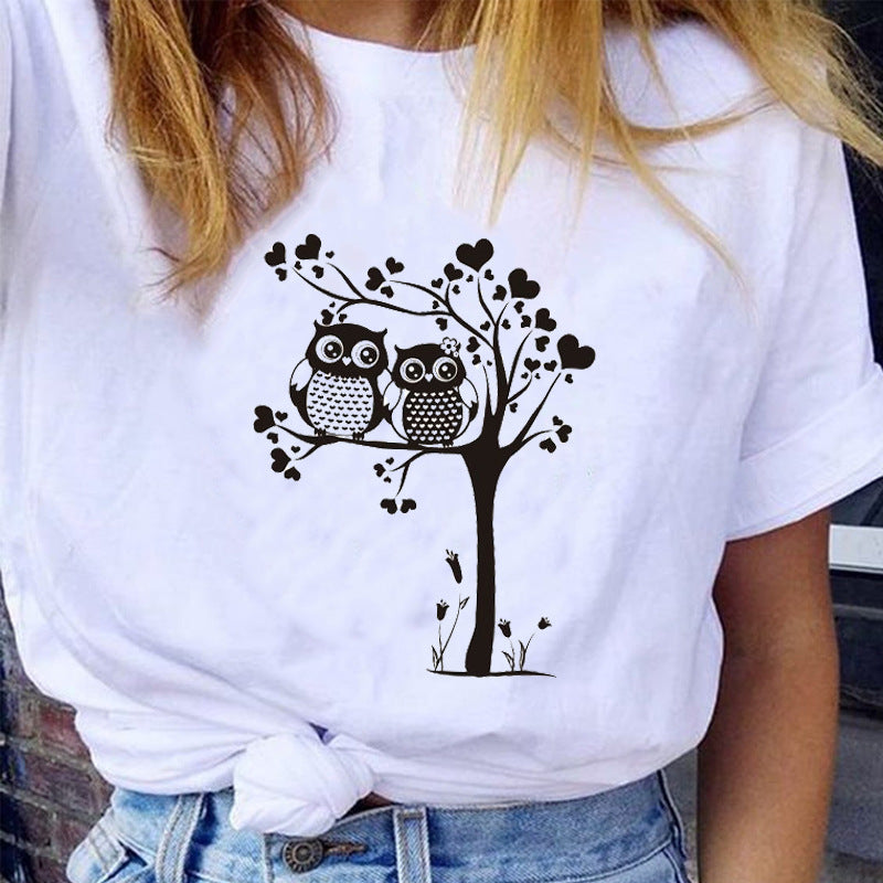 Female Graphic Cartoon Cat Pet Animal Cute 90s Love Short Sleeve