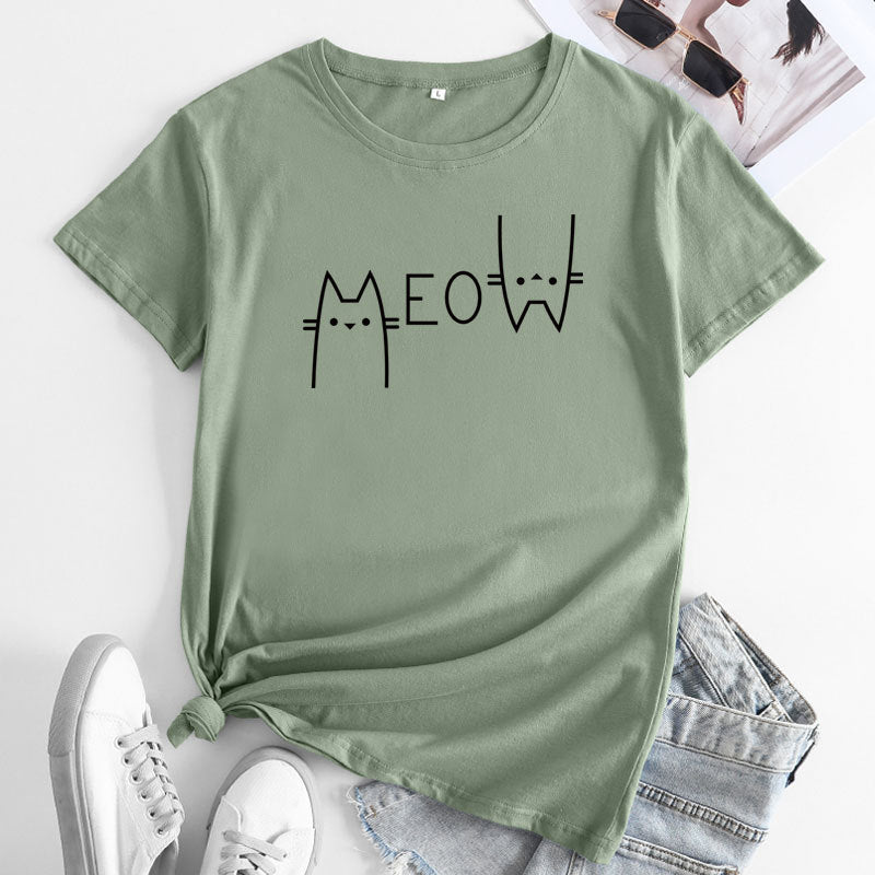 Creative Casual Cat Letter Cotton Short-sleeved T-shirt Women&