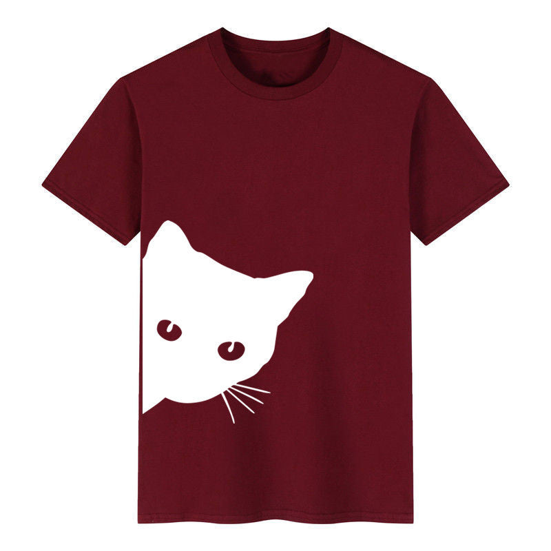 Cat pattern print round neck slim short-sleeved T-shirt