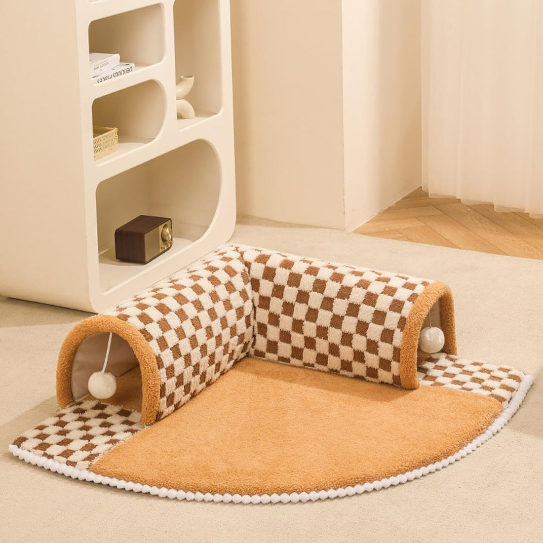 2 In 1 Dog Cat Bed Tunnel Cute Fan Shaped Pet Bed Funny Plush Plaid