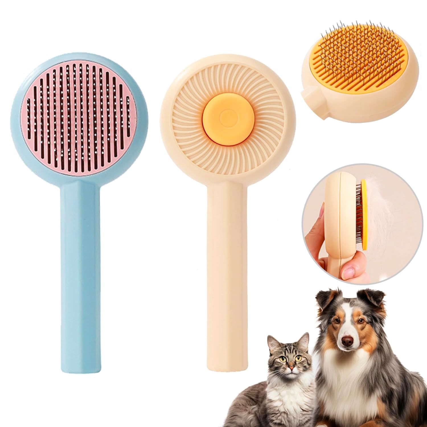 Cat Grooming Brushes Pet Hair Cleaner Brush Pet Massage Brushes For Cats Dogs With Self-Cleaning Button Pet Shedding Brush For Removing Tangles Loose Fur