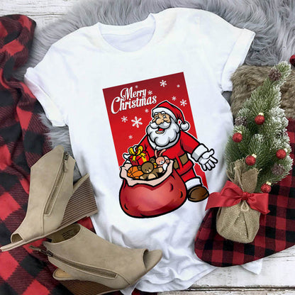 Christmas Lady Short-sleeved T-shirt Cartoon Santa Claus Print Street Casual T-shirt