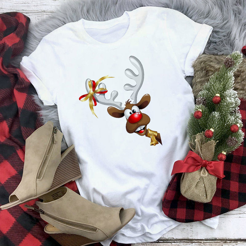 Christmas Lady Short-sleeved T-shirt Cartoon Santa Claus Print Street Casual T-shirt