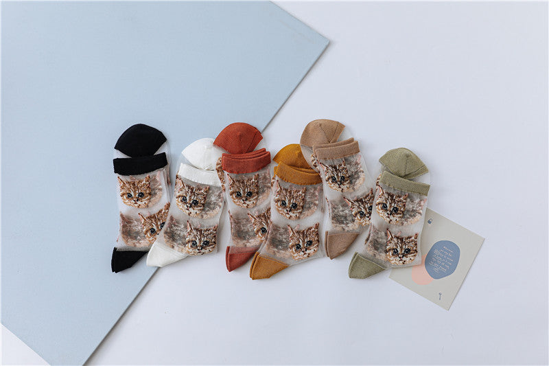 Cat Card Stockings Sweet Personality Glass Silk Women&