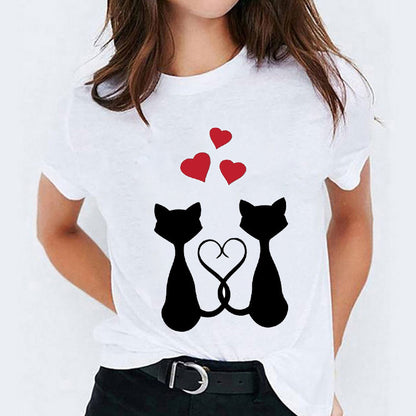 Cat Flamingo Round Neck Print T-shirt Short Sleeve Women&