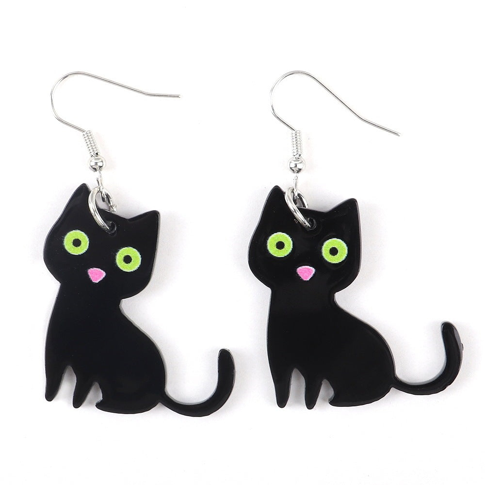 Halloween Cute Black And White Cat Cute Pet And Animal Earrings Personality Style Acrylic Printed Earrings