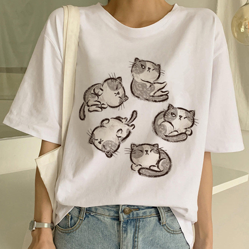 Cat Pocket Print Men And Women Couple Short Sleeve