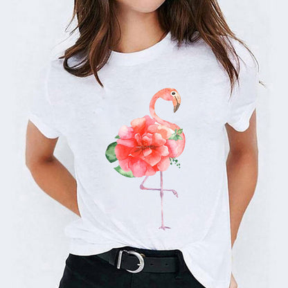 Cat Flamingo Round Neck Print T-shirt Short Sleeve Women&