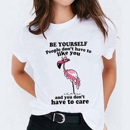 Cat Flamingo Round Neck Print T-shirt Short Sleeve Women&