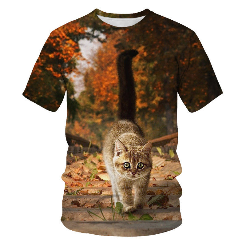 Digital Print Short Sleeve Cute Cat Men&