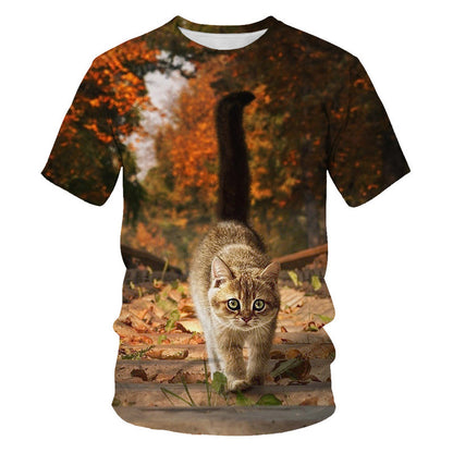 Digital Print Short Sleeve Cute Cat Men&