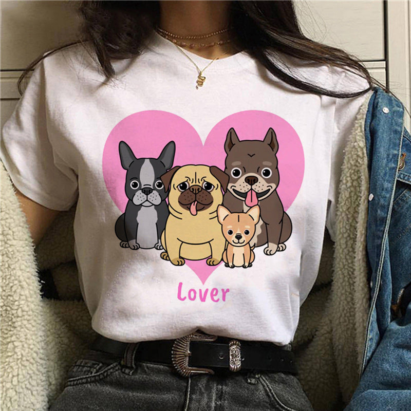 Pet Dog Cartoon Print Round Neck Short Sleeve