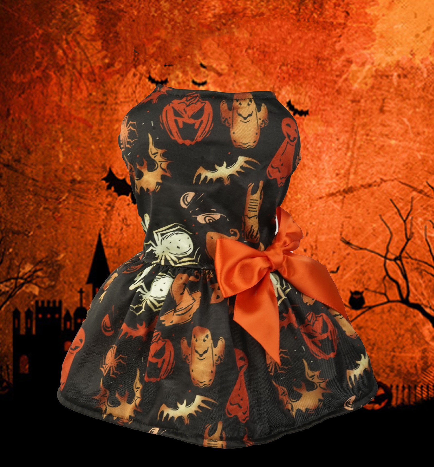 Halloween Small Dog Clothes Pet Dress Pumpkin Print Dress Chihuahua Yorkie Mesh Dress Pet Party Clothing Cat Dog Costume