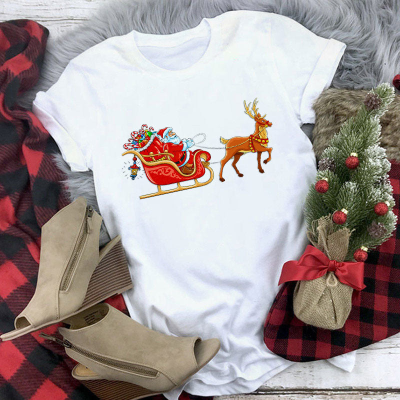 Christmas Lady Short-sleeved T-shirt Cartoon Santa Claus Print Street Casual T-shirt