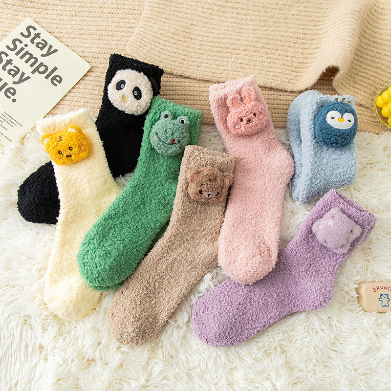 Cute Three-dimensional Animals Wear Warm Socks Outside At Home