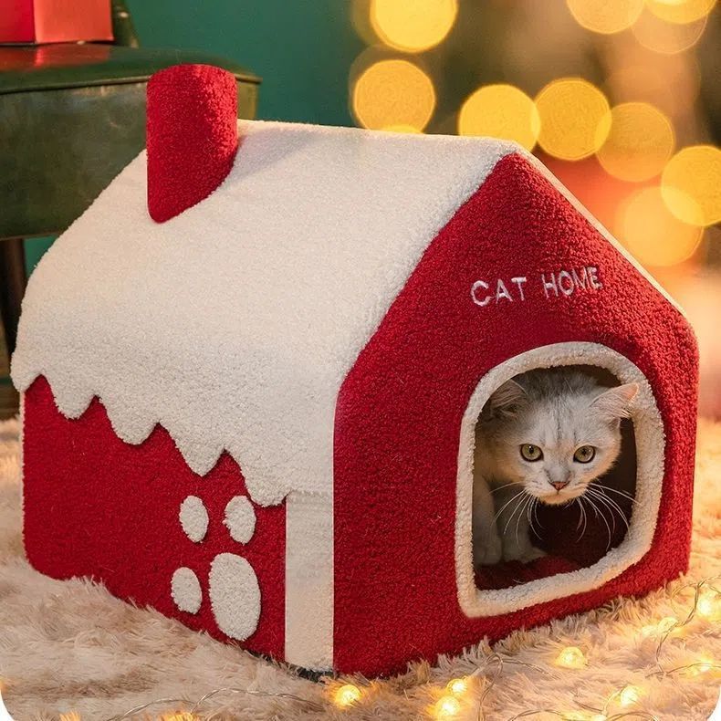 Christmas Winter Warm House Pet Bed Villa Enclosed