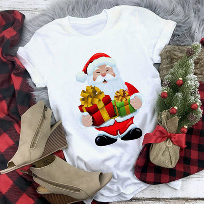 Christmas Lady Short-sleeved T-shirt Cartoon Santa Claus Print Street Casual T-shirt