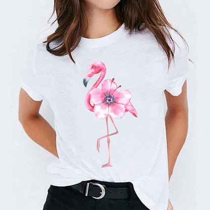 Cat Flamingo Round Neck Print T-shirt Short Sleeve Women&