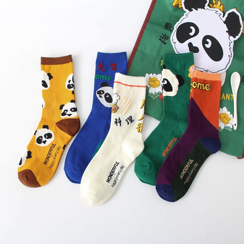 Cute Giant Panda All Cotton Mid-calf Length Combed Cotton High Tube Students&