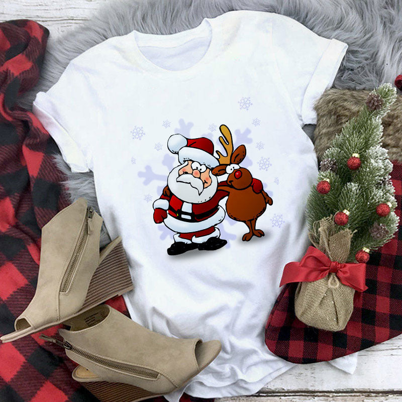 Christmas Lady Short-sleeved T-shirt Cartoon Santa Claus Print Street Casual T-shirt