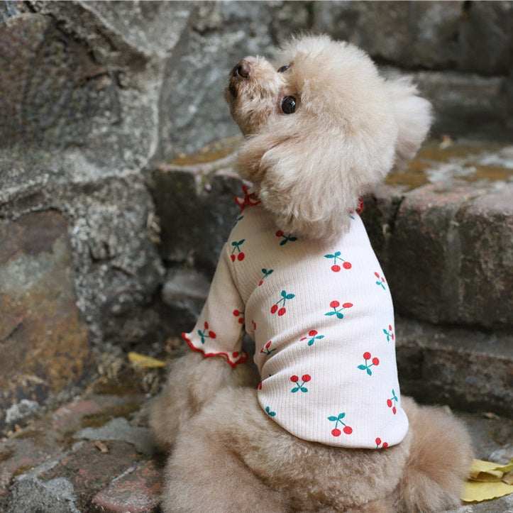 Cotton Cherry Print Wavy Edge Lapel Top Dog Clothes