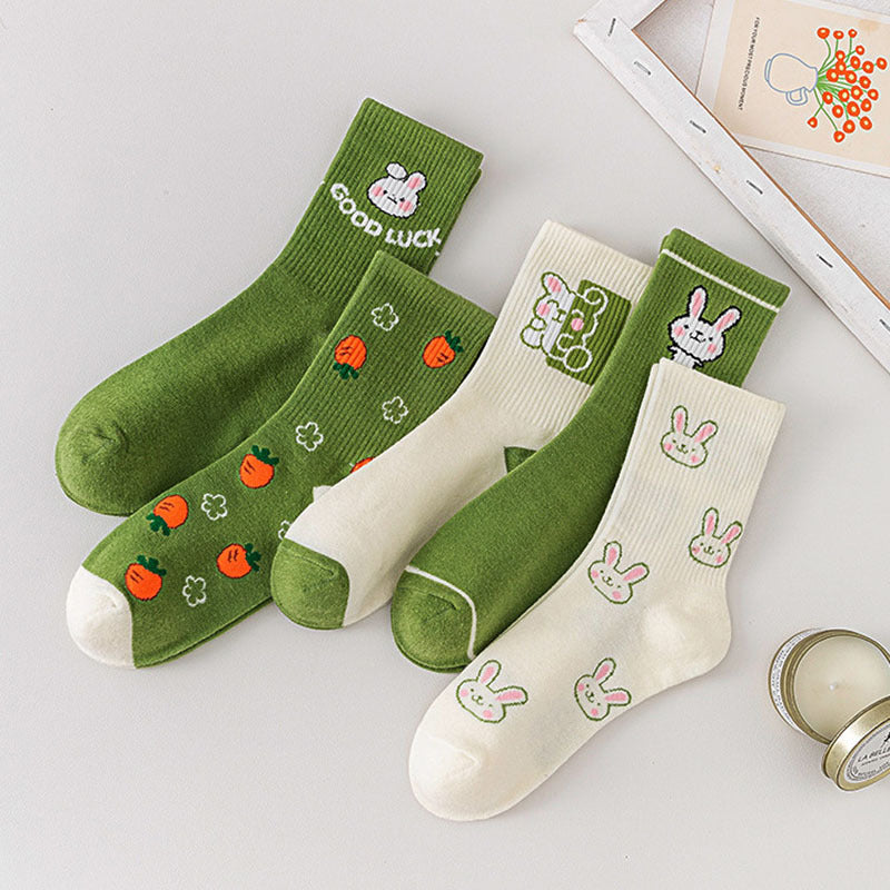 Cartoon Rabbit Carrot Green Women Socks