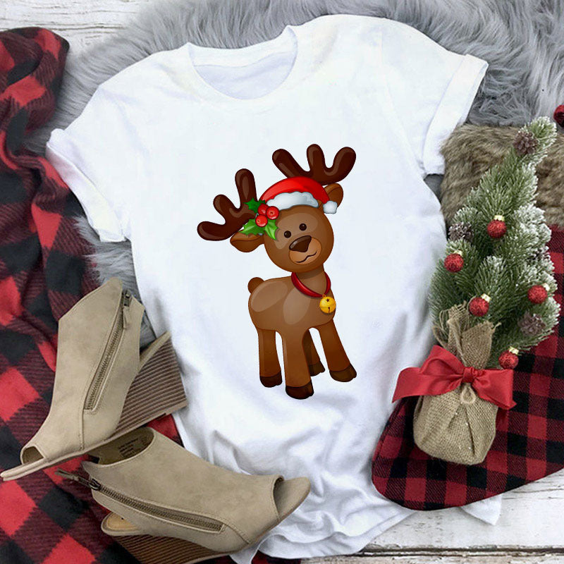 Christmas Lady Short-sleeved T-shirt Cartoon Santa Claus Print Street Casual T-shirt