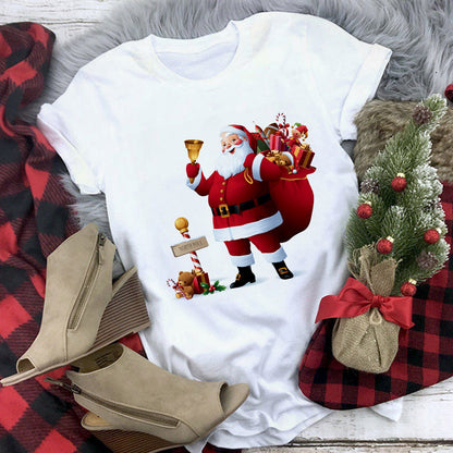 Christmas Lady Short-sleeved T-shirt Cartoon Santa Claus Print Street Casual T-shirt