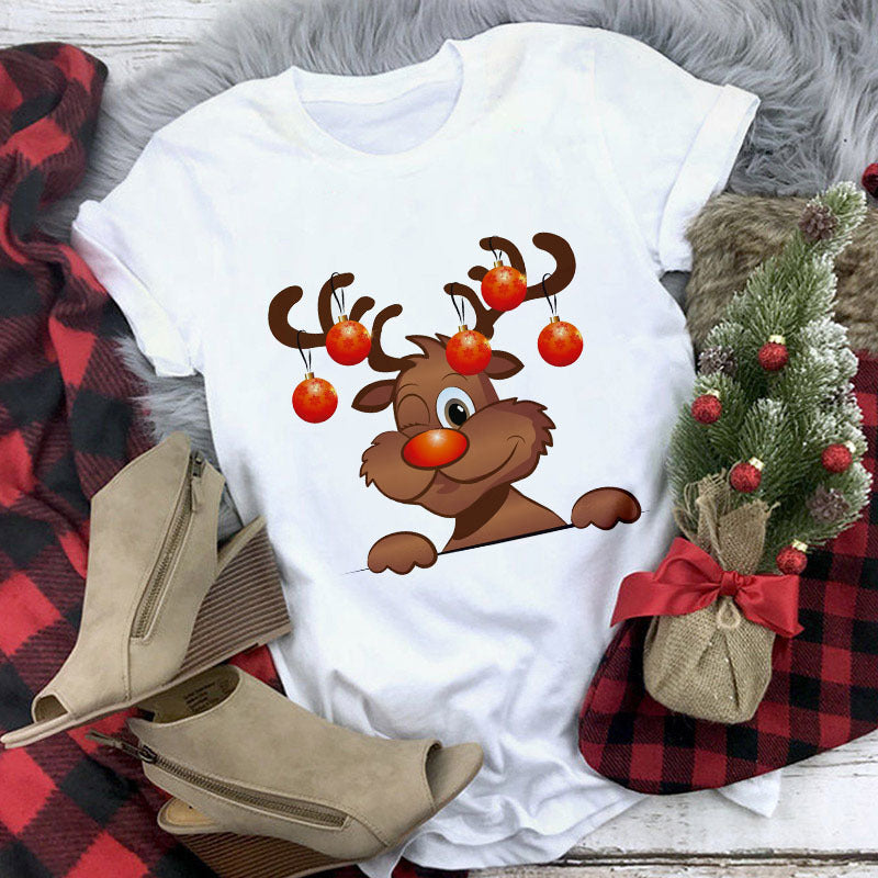 Christmas Lady Short-sleeved T-shirt Cartoon Santa Claus Print Street Casual T-shirt