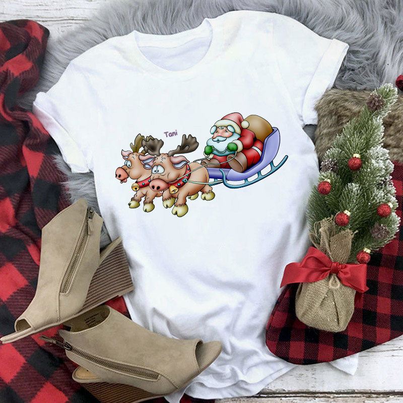 Christmas Lady Short-sleeved T-shirt Cartoon Santa Claus Print Street Casual T-shirt