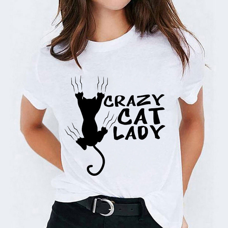 Cat Flamingo Round Neck Print T-shirt Short Sleeve Women&