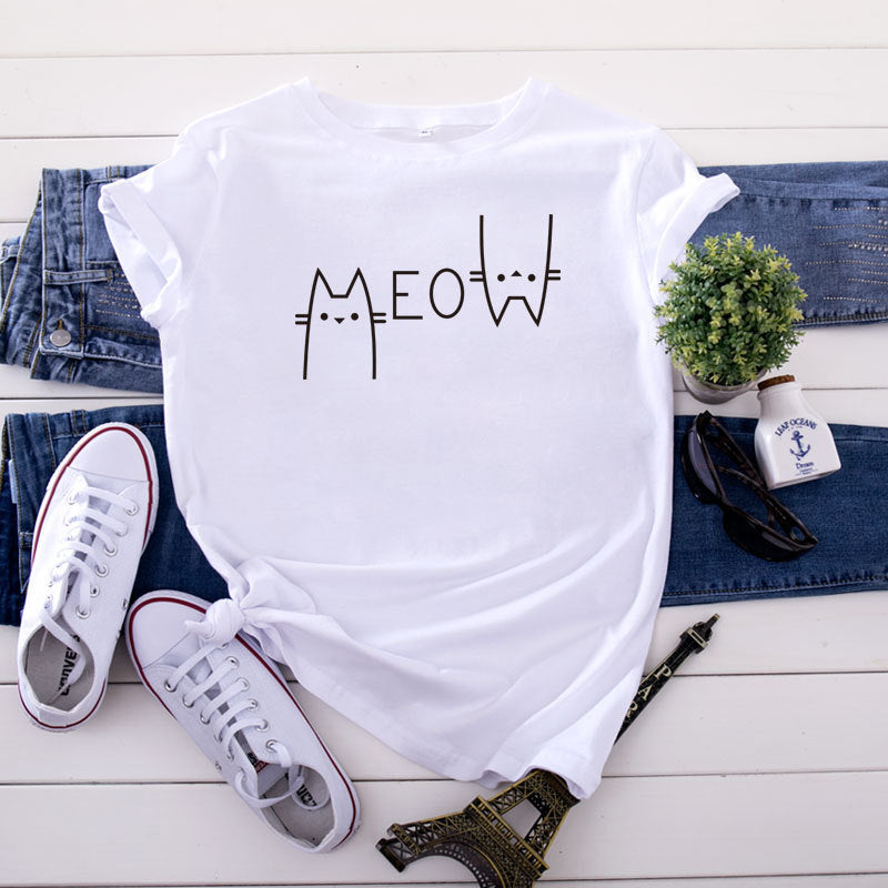 Creative Casual Cat Letter Cotton Short-sleeved T-shirt Women&