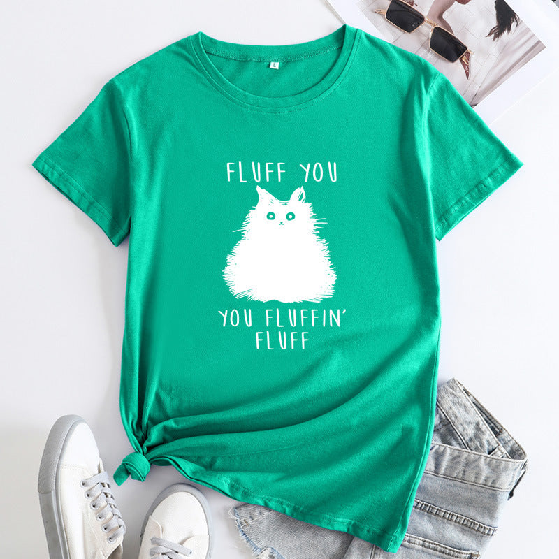 Large Size Cat Letter Printed Cotton Round Neck Short Sleeve T-shirt For Women