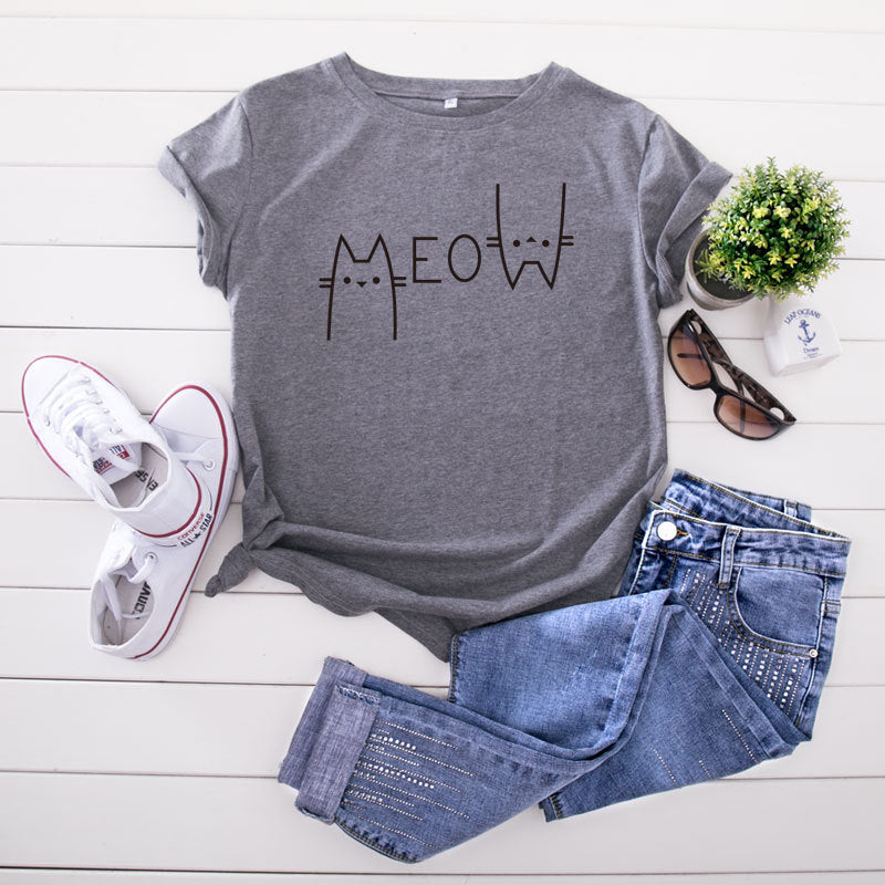 Creative Casual Cat Letter Cotton Short-sleeved T-shirt Women&