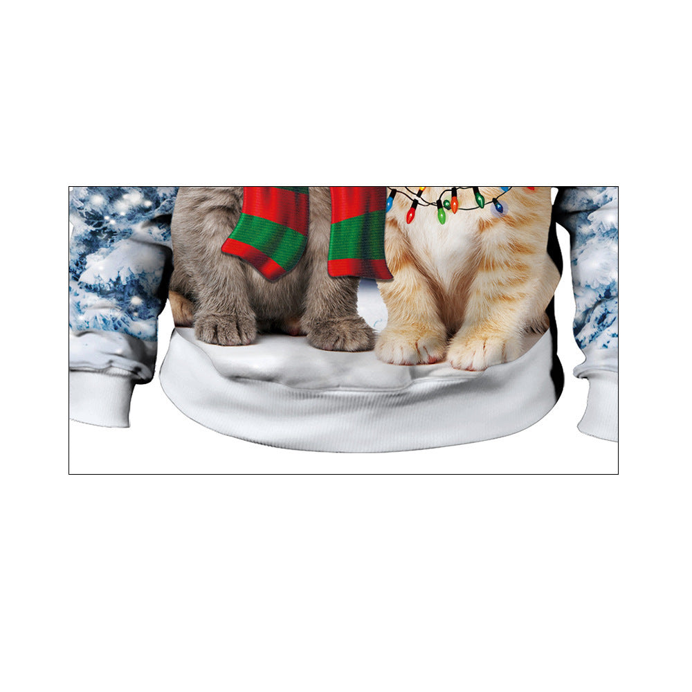 Cat Christmas Digital Printing Round-neck Pullover