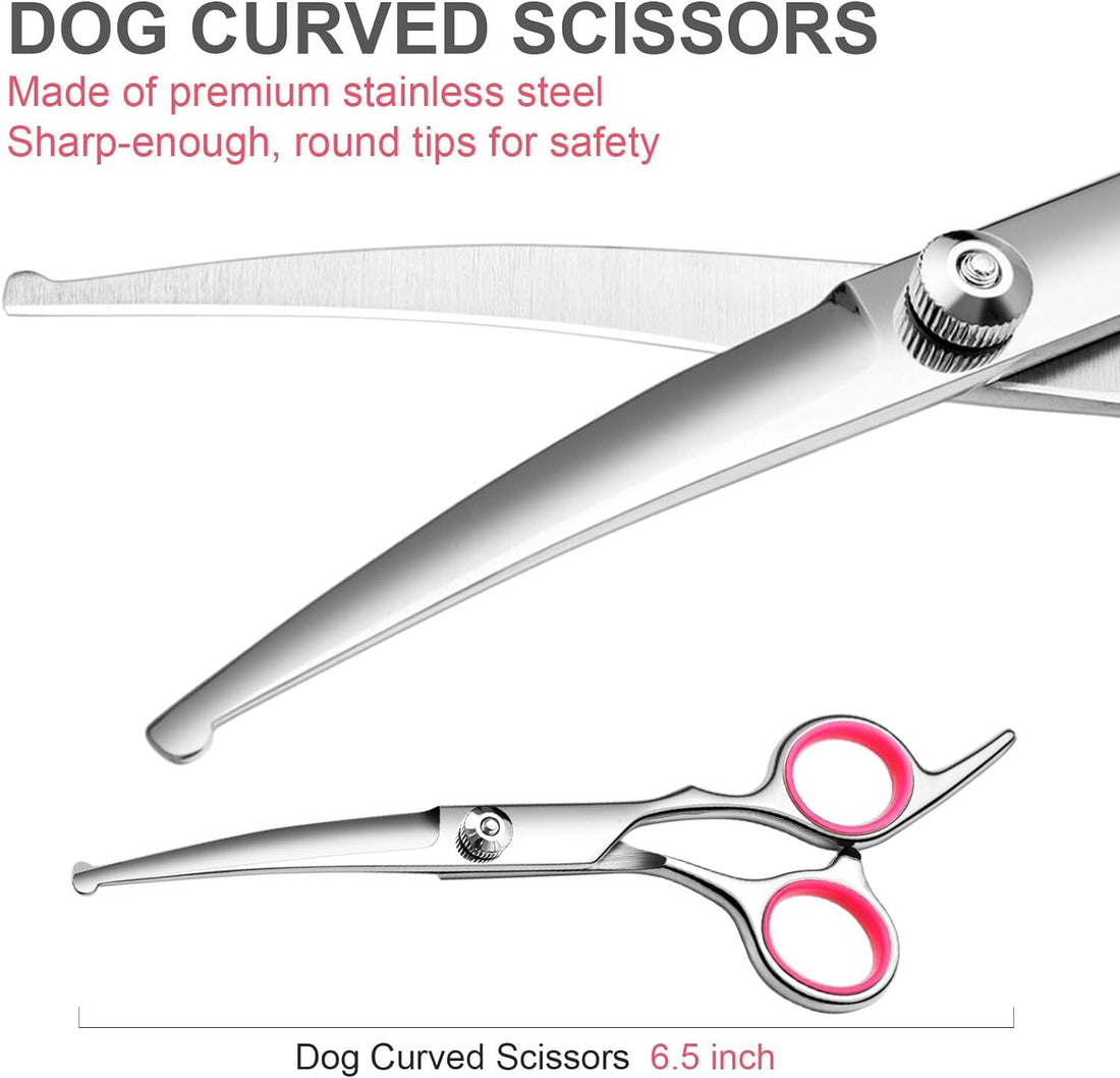 Dog Grooming Scissors With Safety Round Tips Stainless Steel Professional Dog Grooming Kit Thinning Curved Scissors And Comb For Dog Cat Pet