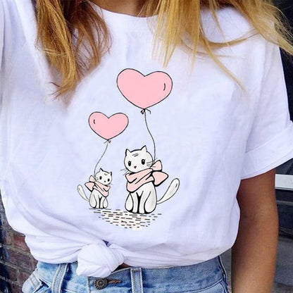 Female Graphic Cartoon Cat Pet Animal Cute 90s Love Short Sleeve