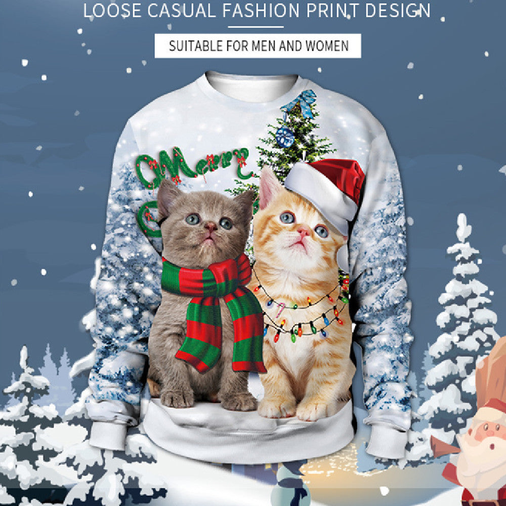 Cat Christmas Digital Printing Round-neck Pullover