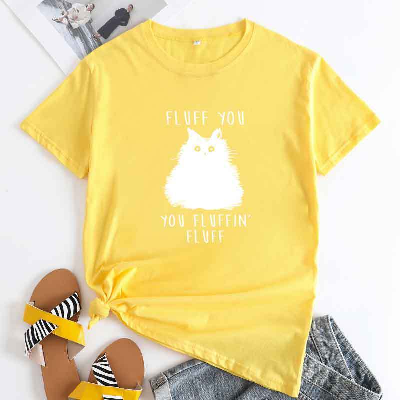 Large Size Cat Letter Printed Cotton Round Neck Short Sleeve T-shirt For Women