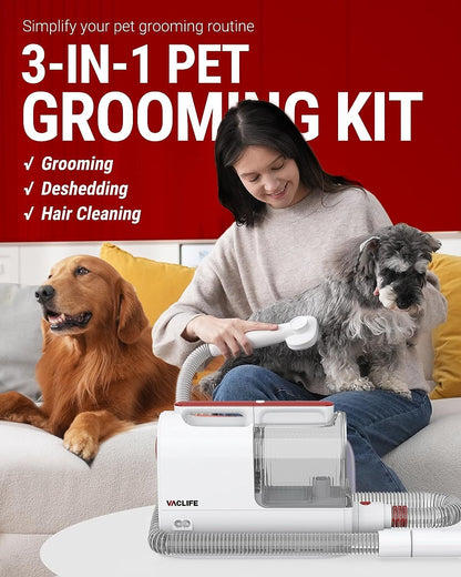 VacLife Pet Hair Vacuum For Shedding Grooming With Dog Clipper - Multipurpose Dog Grooming Kit With Brushes And Other Grooming Tools For Dogs And Cats - Low-Noise - White And Red