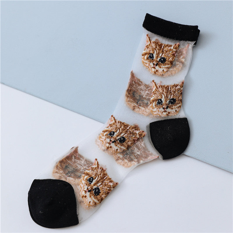 Cat Card Stockings Sweet Personality Glass Silk Women&