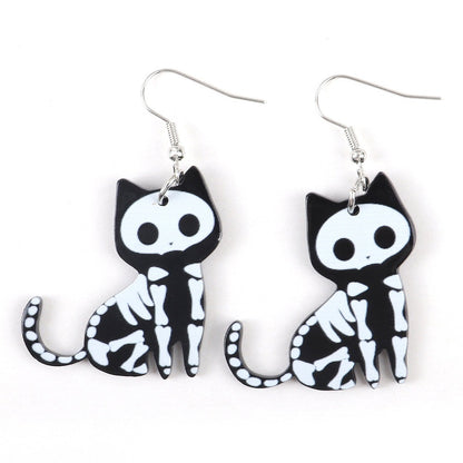 Halloween Cute Black And White Cat Cute Pet And Animal Earrings Personality Style Acrylic Printed Earrings