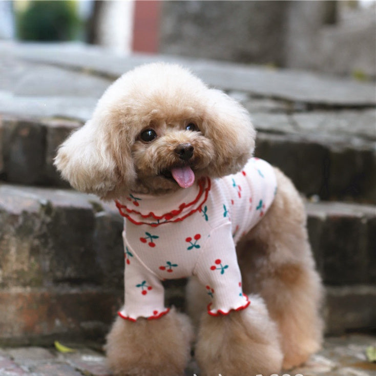 Cotton Cherry Print Wavy Edge Lapel Top Dog Clothes