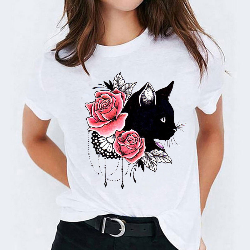 Cat Flamingo Round Neck Print T-shirt Short Sleeve Women&