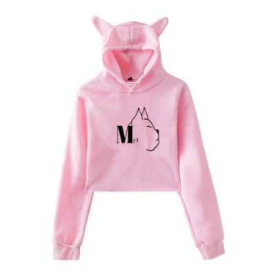 Printed Cat Ears Casual Crop Hood Sweatshirt