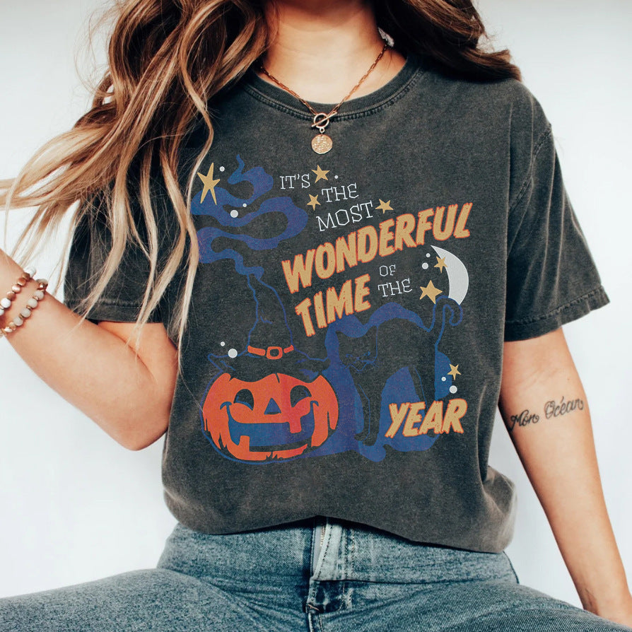 Washed Vintage Cotton Pumpkin Halloween Black Cat Printed T-shirt