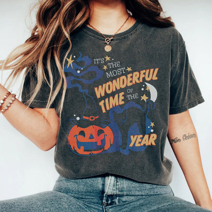 Washed Vintage Cotton Pumpkin Halloween Black Cat Printed T-shirt